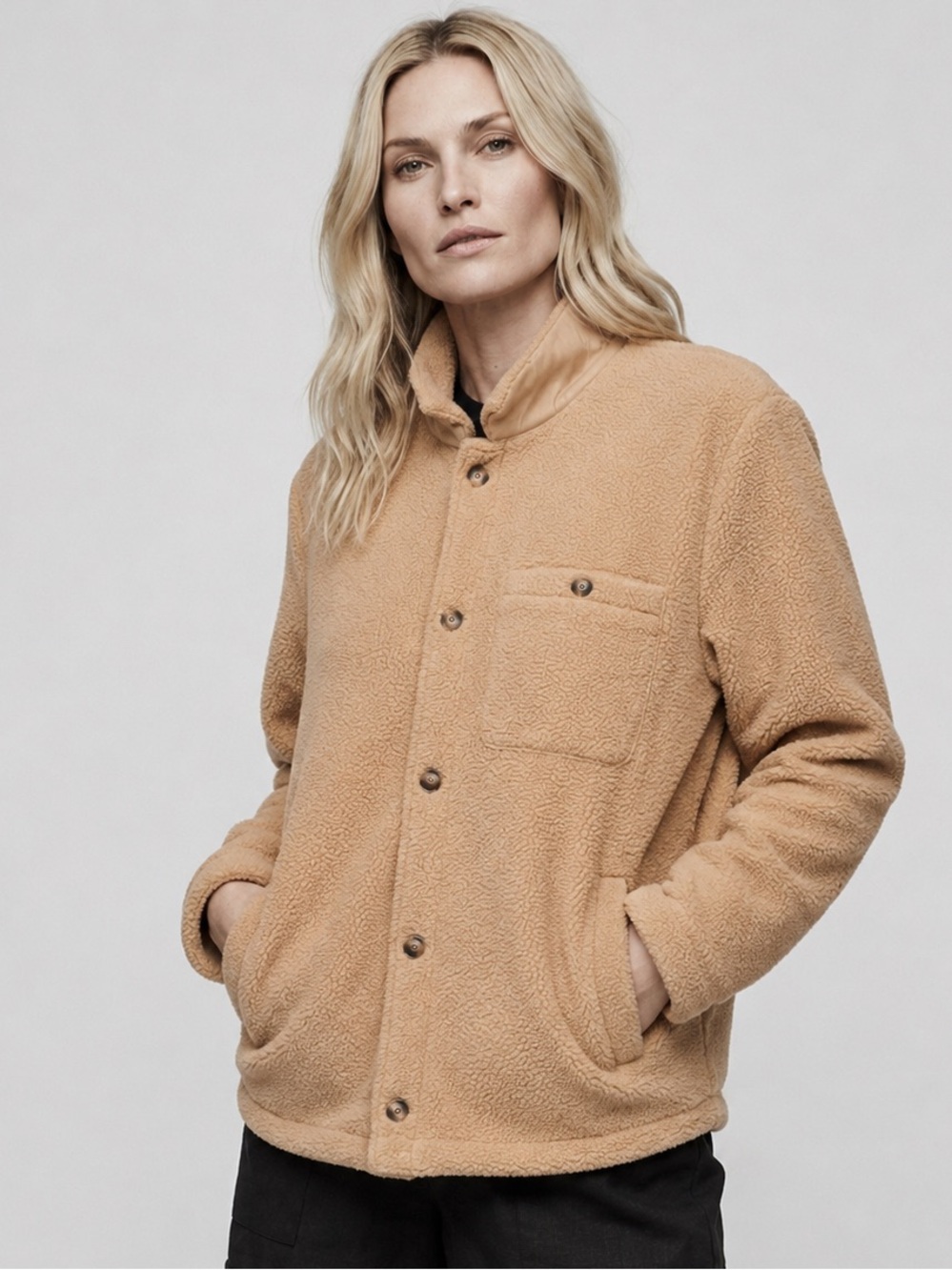 QUINCE WOMEN’S CAMEL SHERPA FLEECE TEDDY BUTTON-UP SHIRT BARN JACKET SZ LG